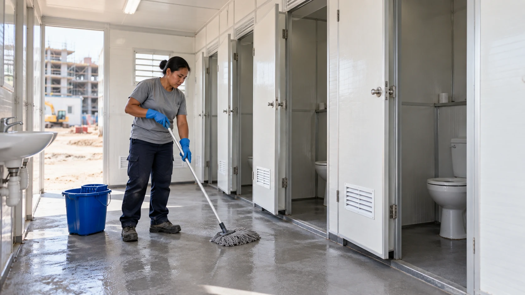 Illustrative cleaner mopping a modest prefabricated restroom during routine service
