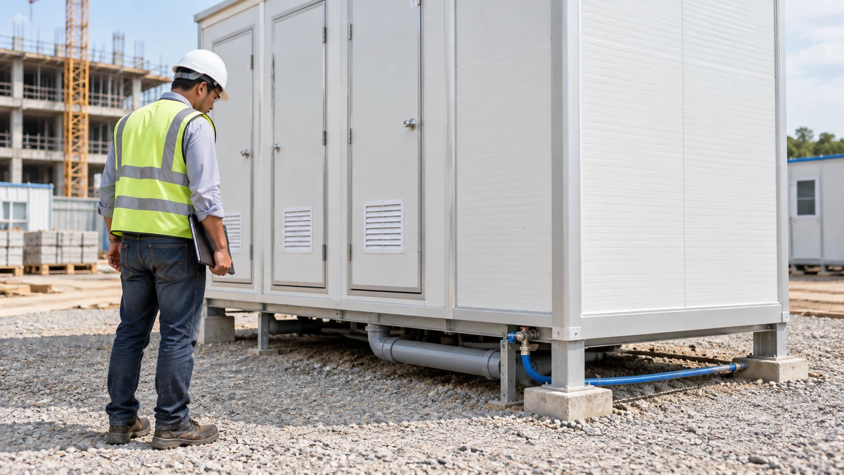 Illustrative facilities manager inspecting external service connections of a modular restroom