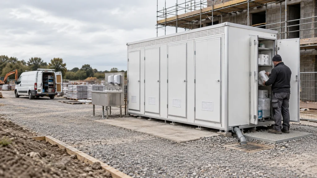 Illustration of a portable sanitation block with a handwashing station and service access at a construction site.