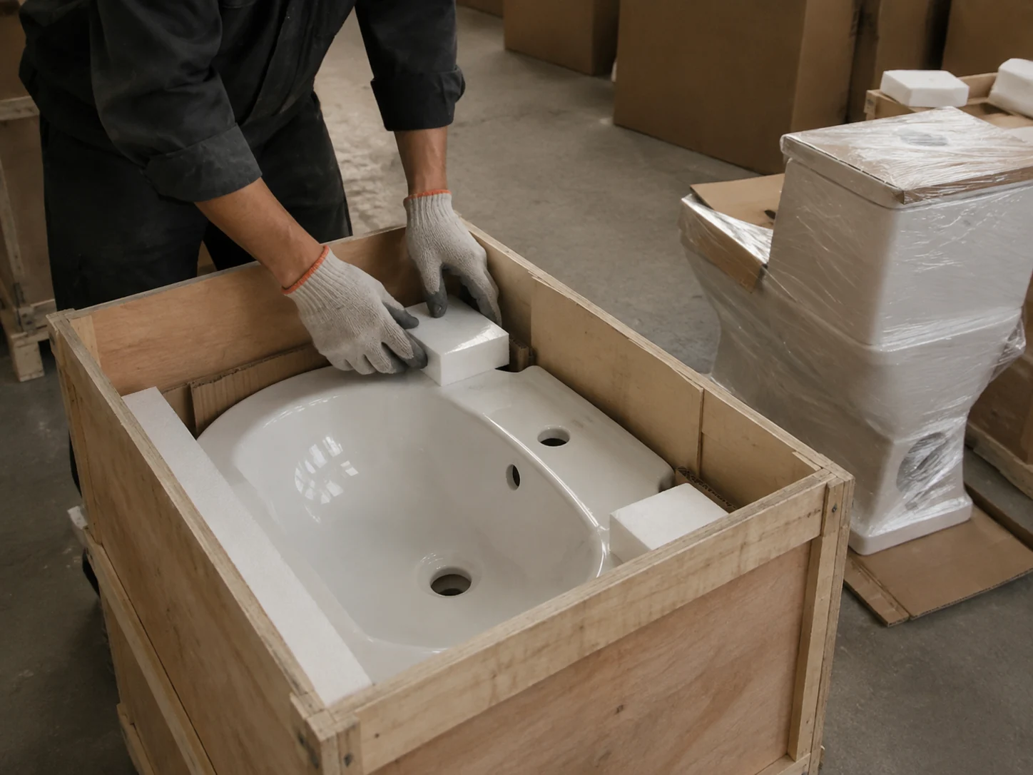 Illustrative protective packing of sanitary fixtures and components