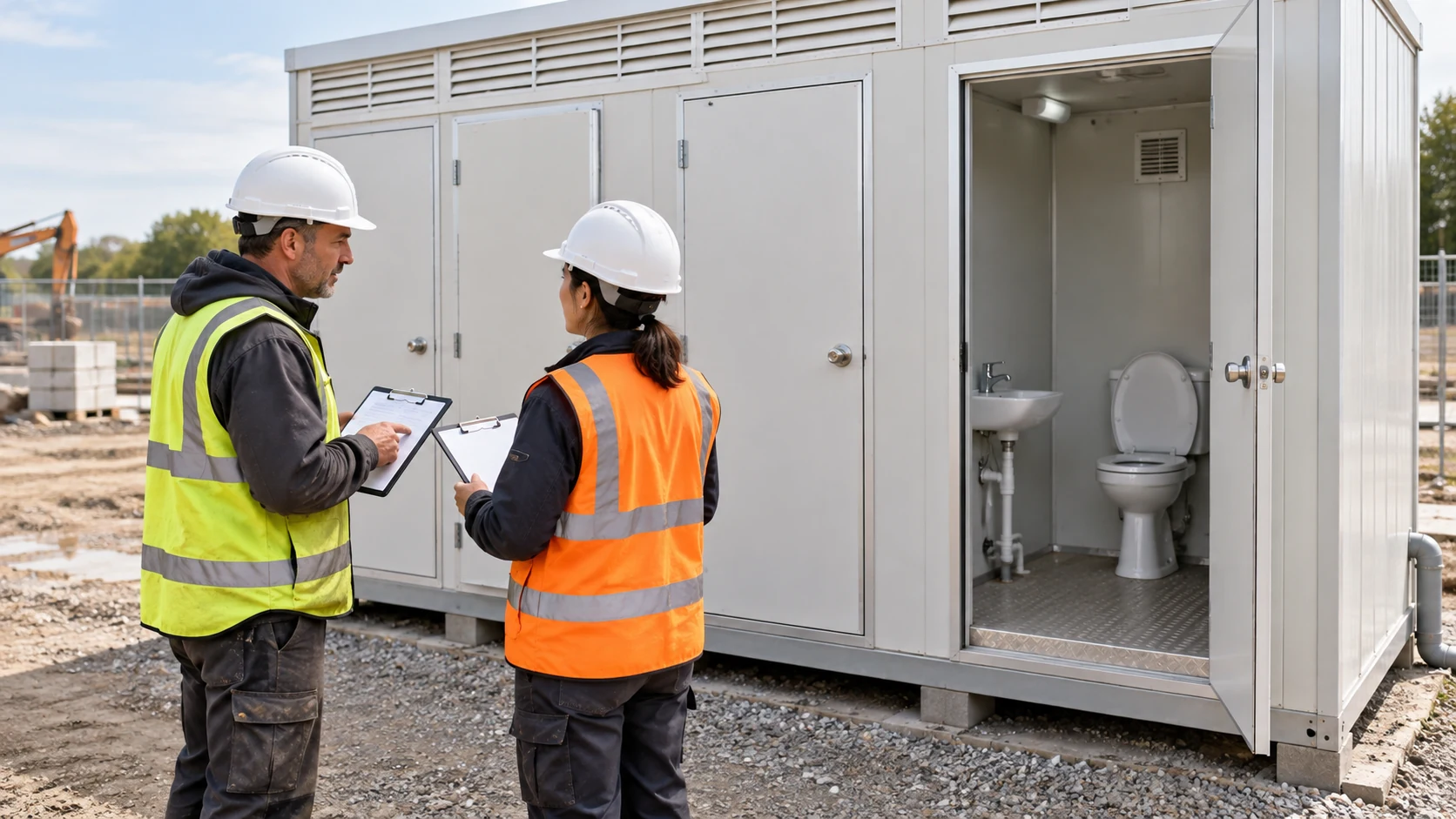 Illustrative facilities coordinator and service operator reviewing a modular restroom handover