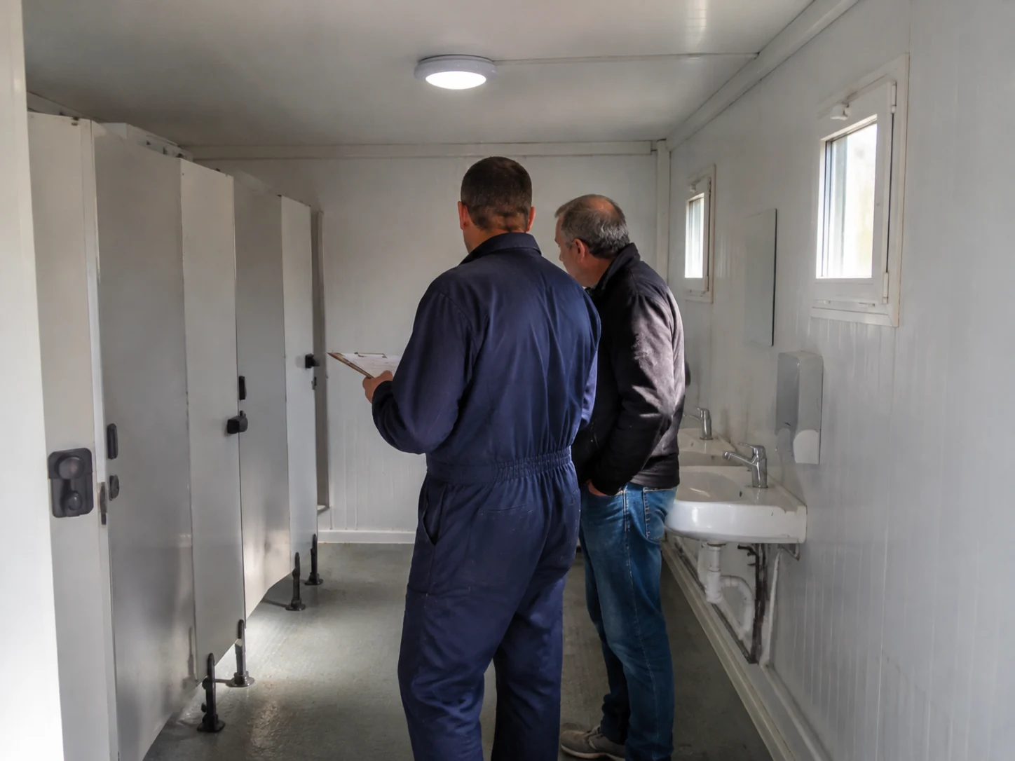 Illustrative handover review of fixtures and care information inside a sanitation unit