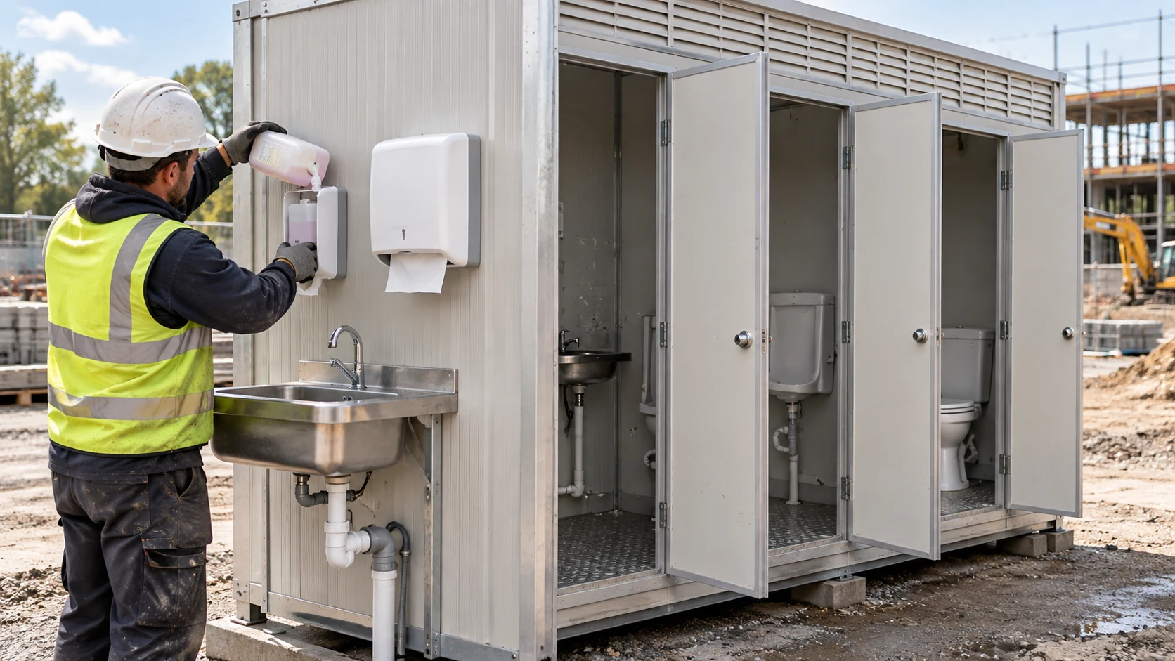 Illustrative worker replenishing handwashing supplies beside a modular toilet block