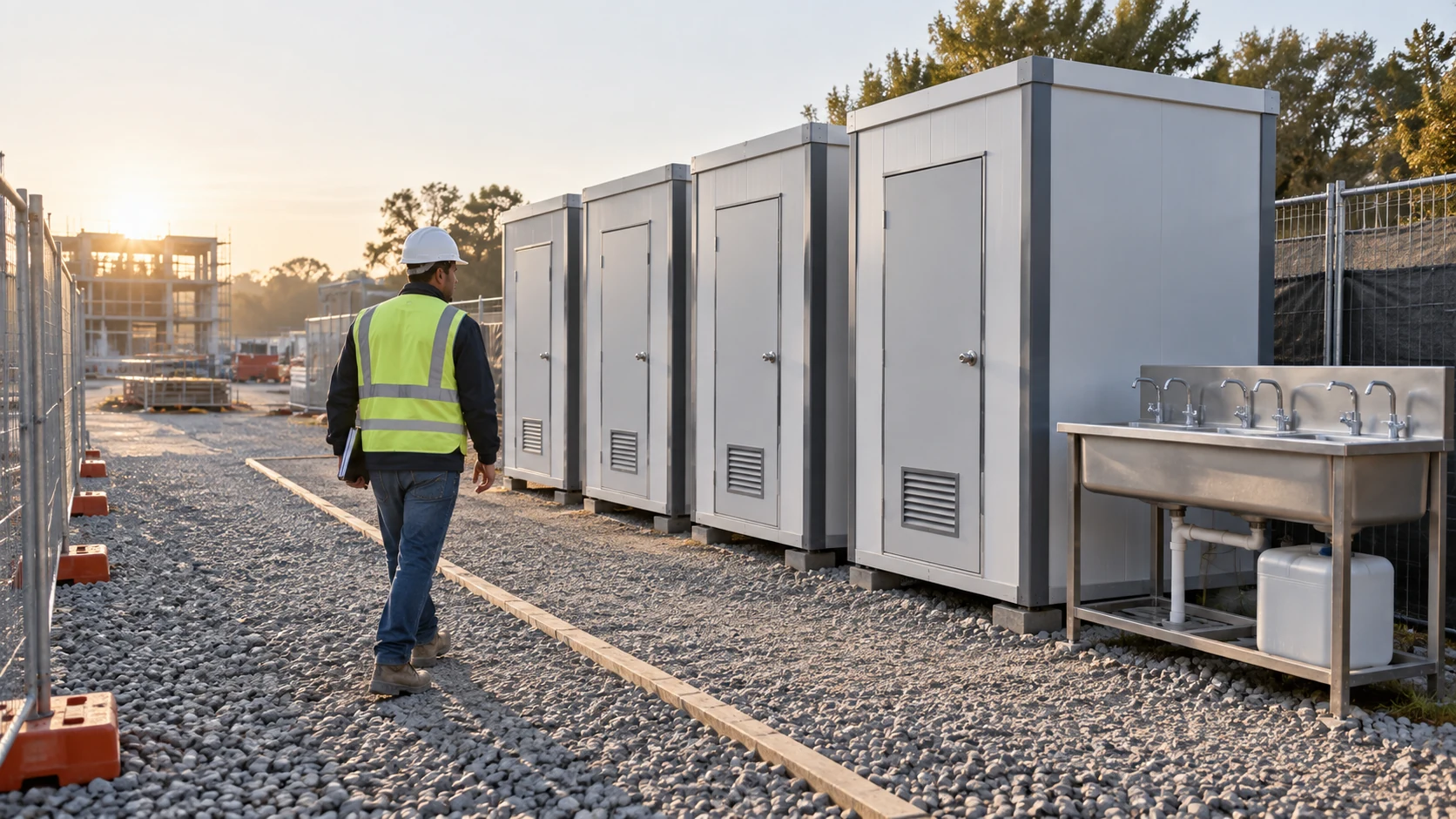 Illustrative early morning site facilities check along a row of modular toilet cabins