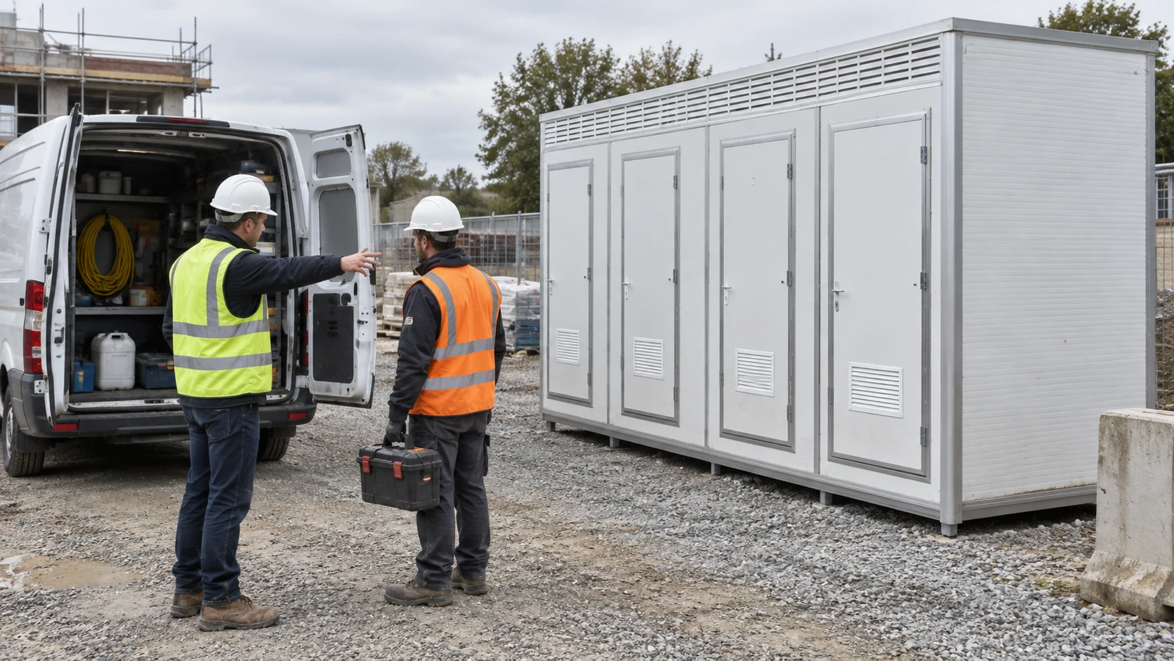 Illustrative site manager and service technician reviewing access to a modular toilet block