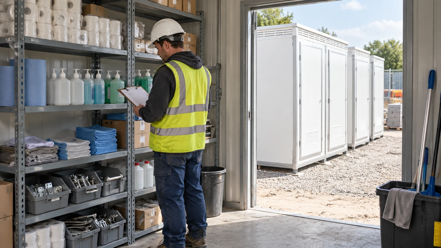Illustrative facilities stockroom with paper, soap and maintenance supplies