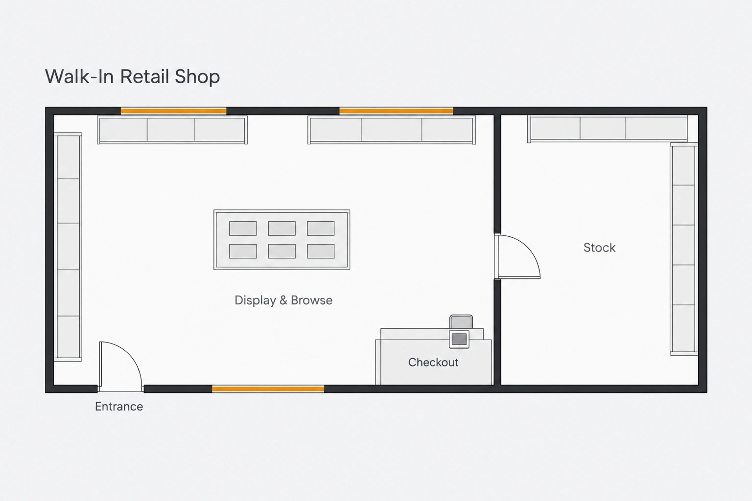 Conceptual shop plan showing a customer entrance, display space, checkout and stock room