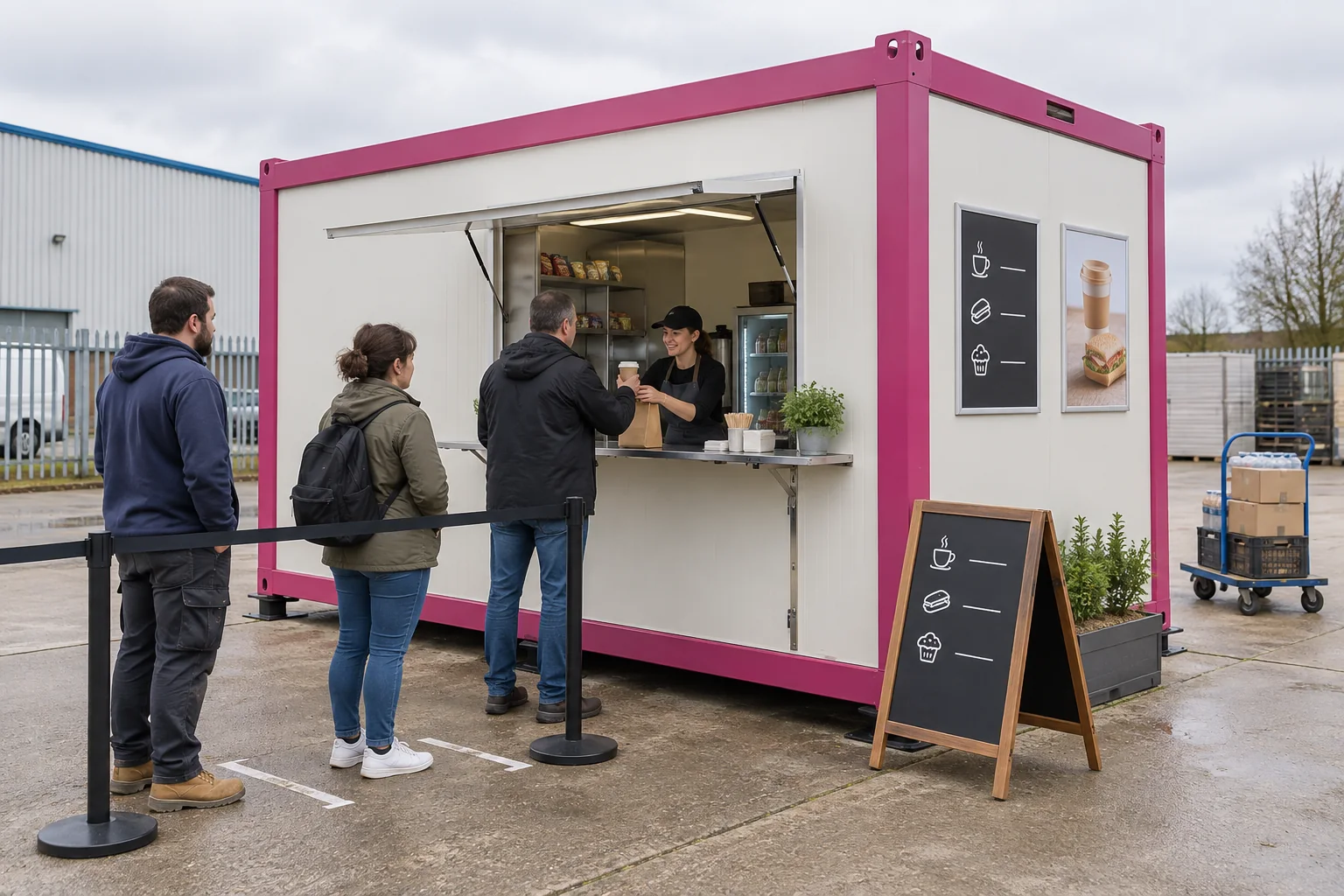 Illustrative container shop customer queue separated from a stock delivery route