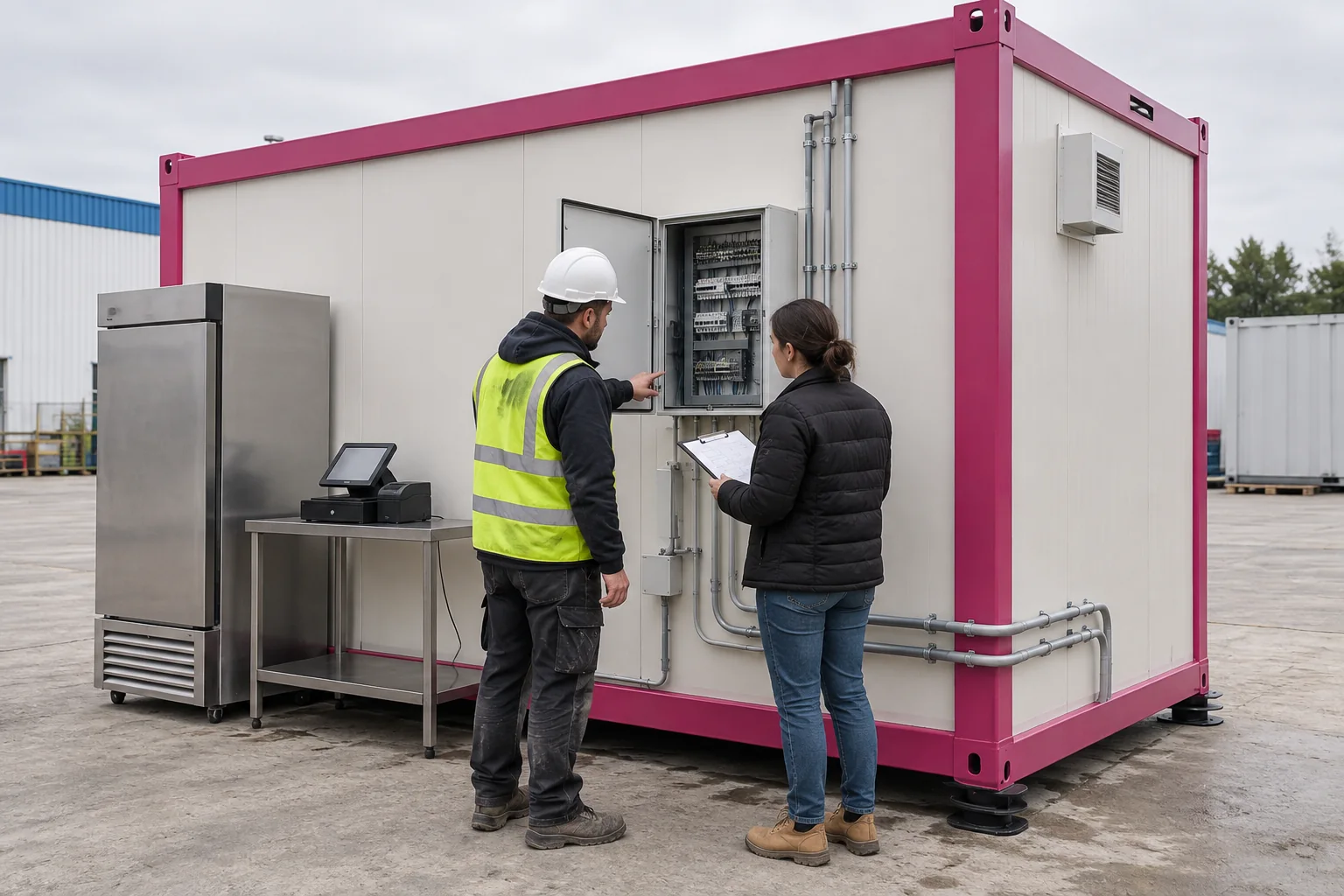 Illustrative operator and installer reviewing a container shop service connection and equipment schedule