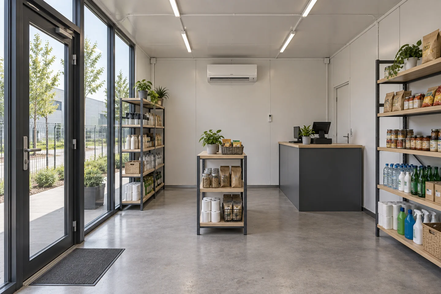 Modular retail interior with a clear aisle, daylight and wall-mounted air conditioning