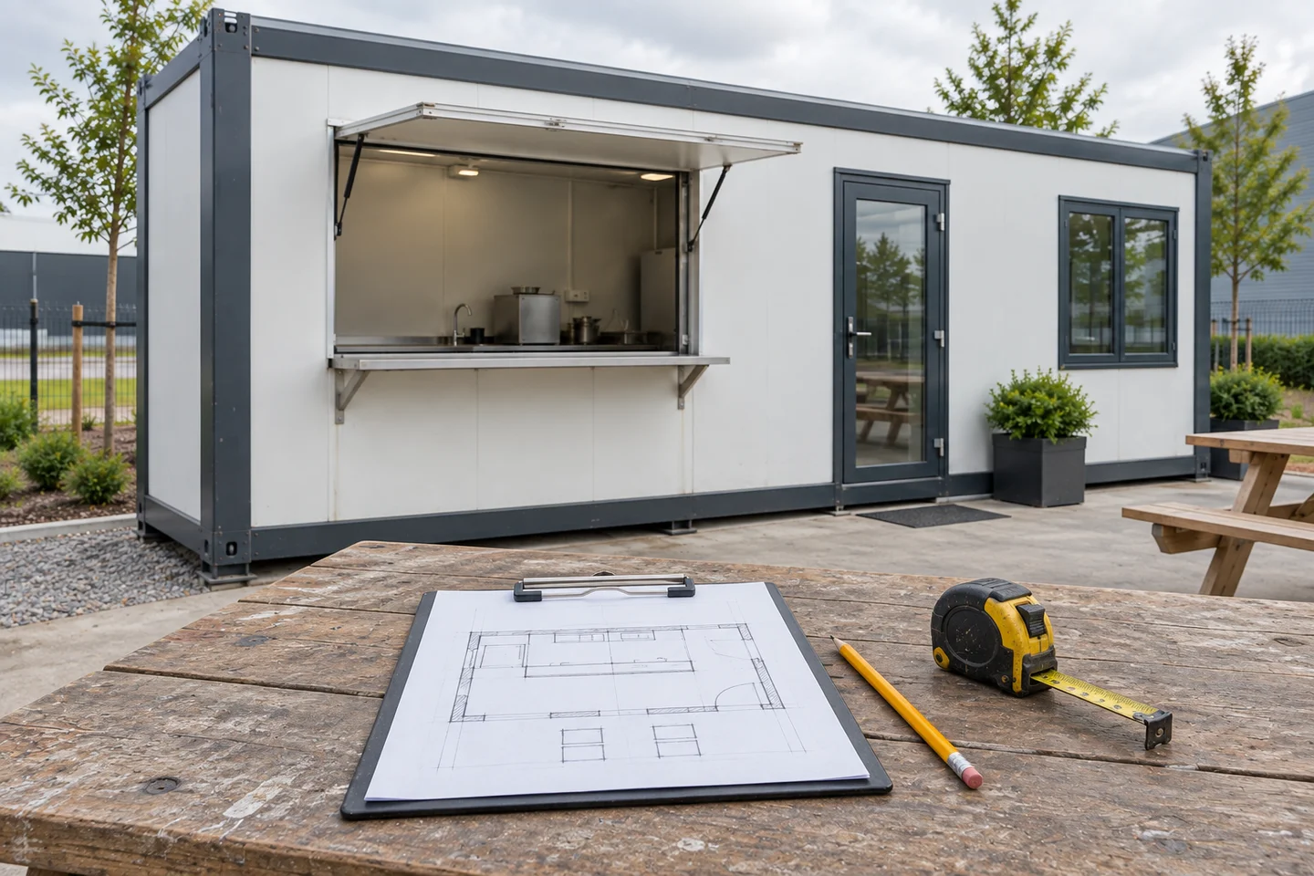 A project layout review with shop drawings and a modular storefront in the background