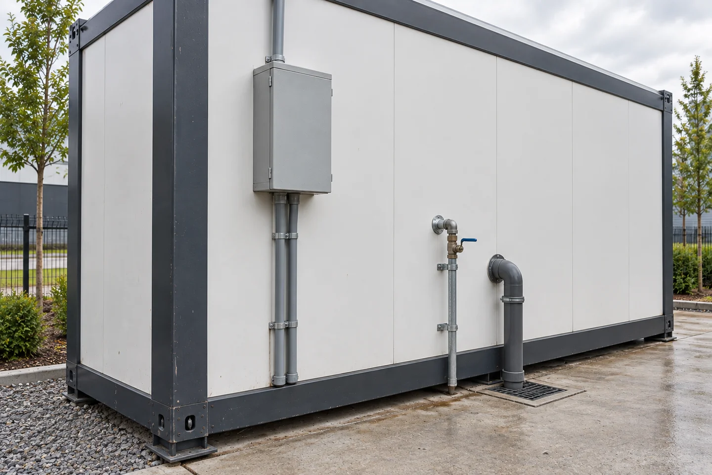 Service-side plumbing connections and closed electrical enclosure on a modular shop