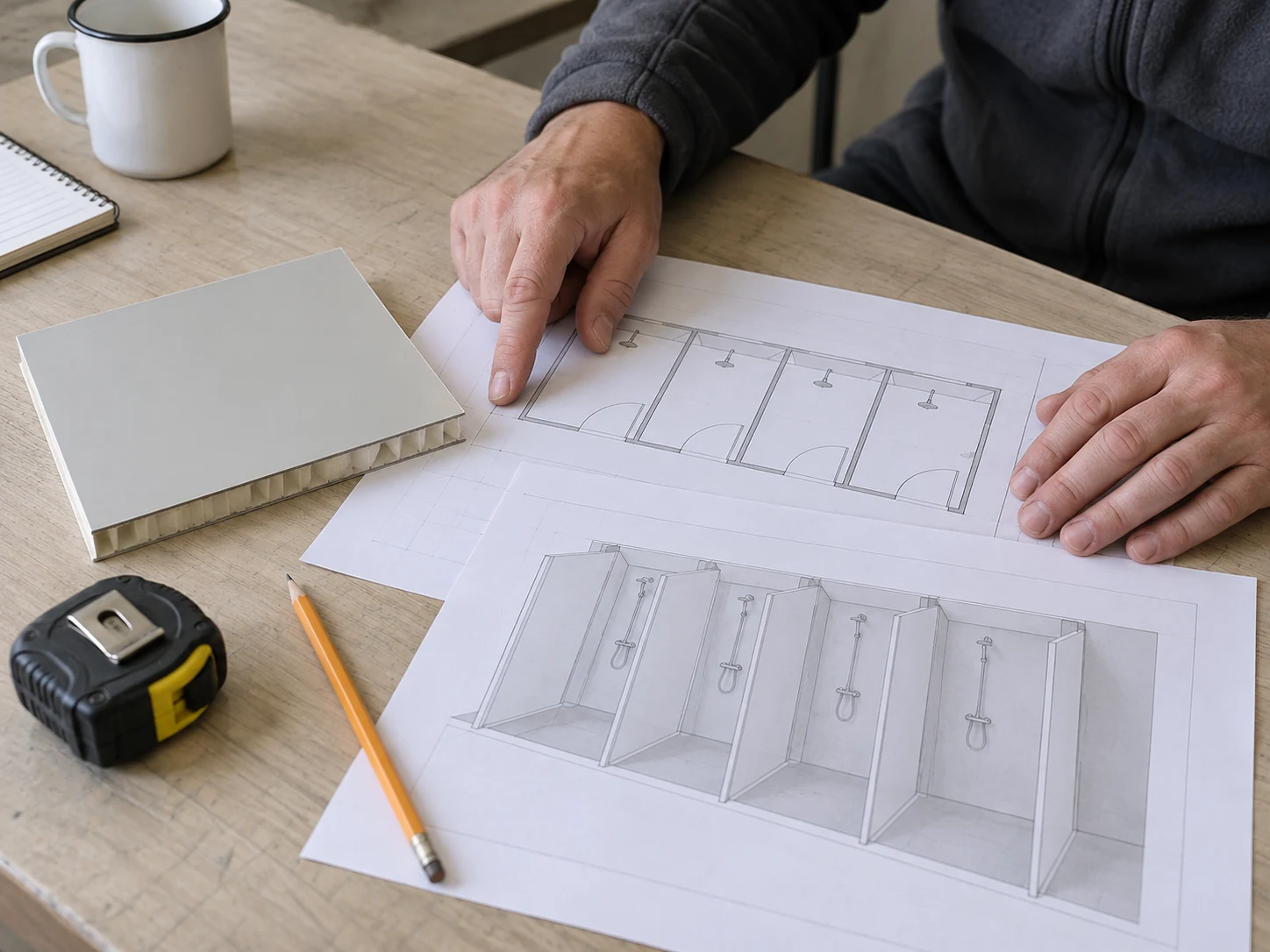 Illustrative shower layout and material configuration discussion