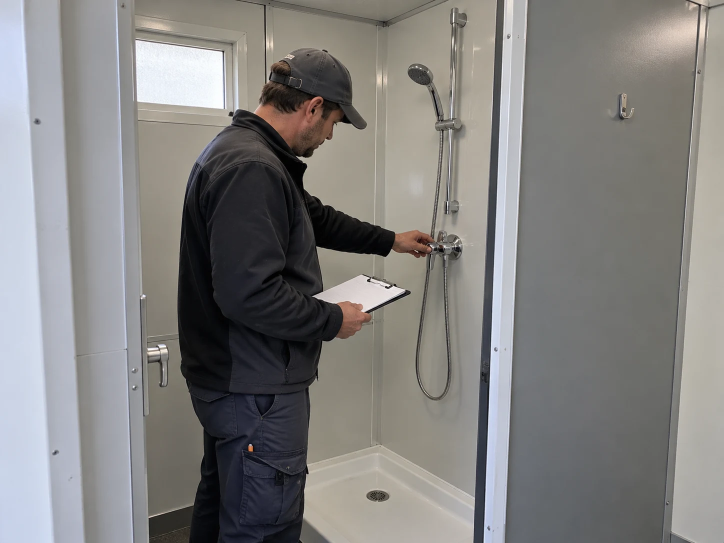 Illustrative review of a shower fixture before use