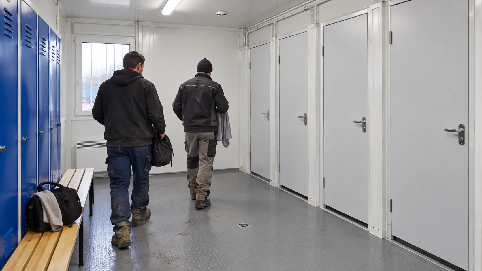 Illustrative shift workers entering the dry changing side of a modular shower block