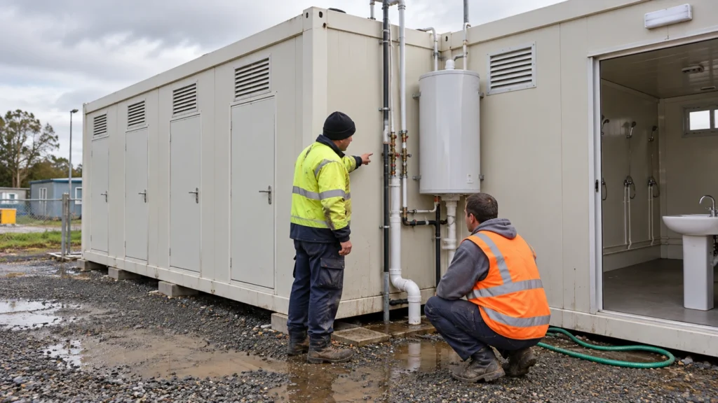 Illustrative workers reviewing water service beside a modest modular shower block