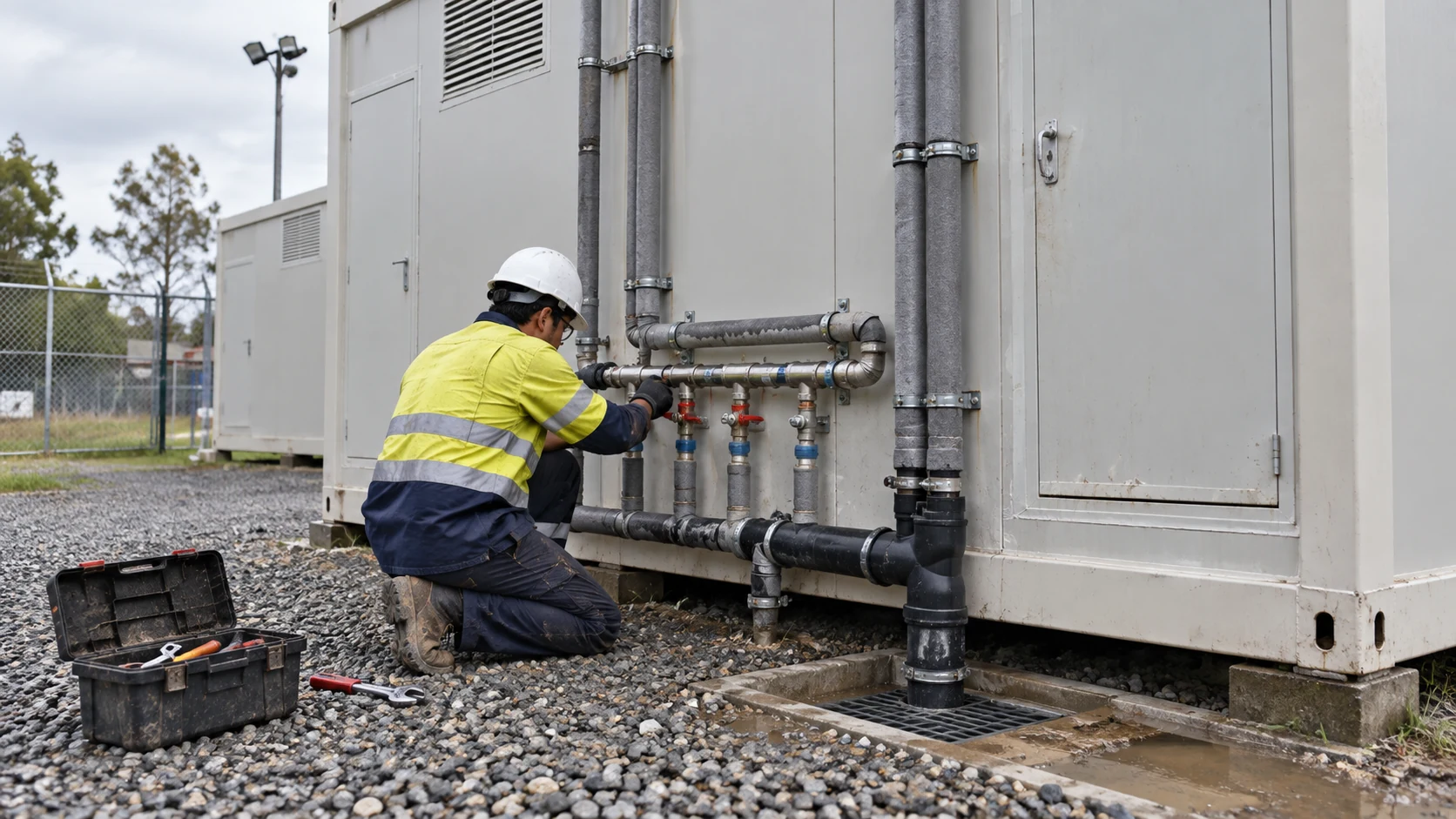 Illustrative technician checking a modular shower block water manifold and effluent route