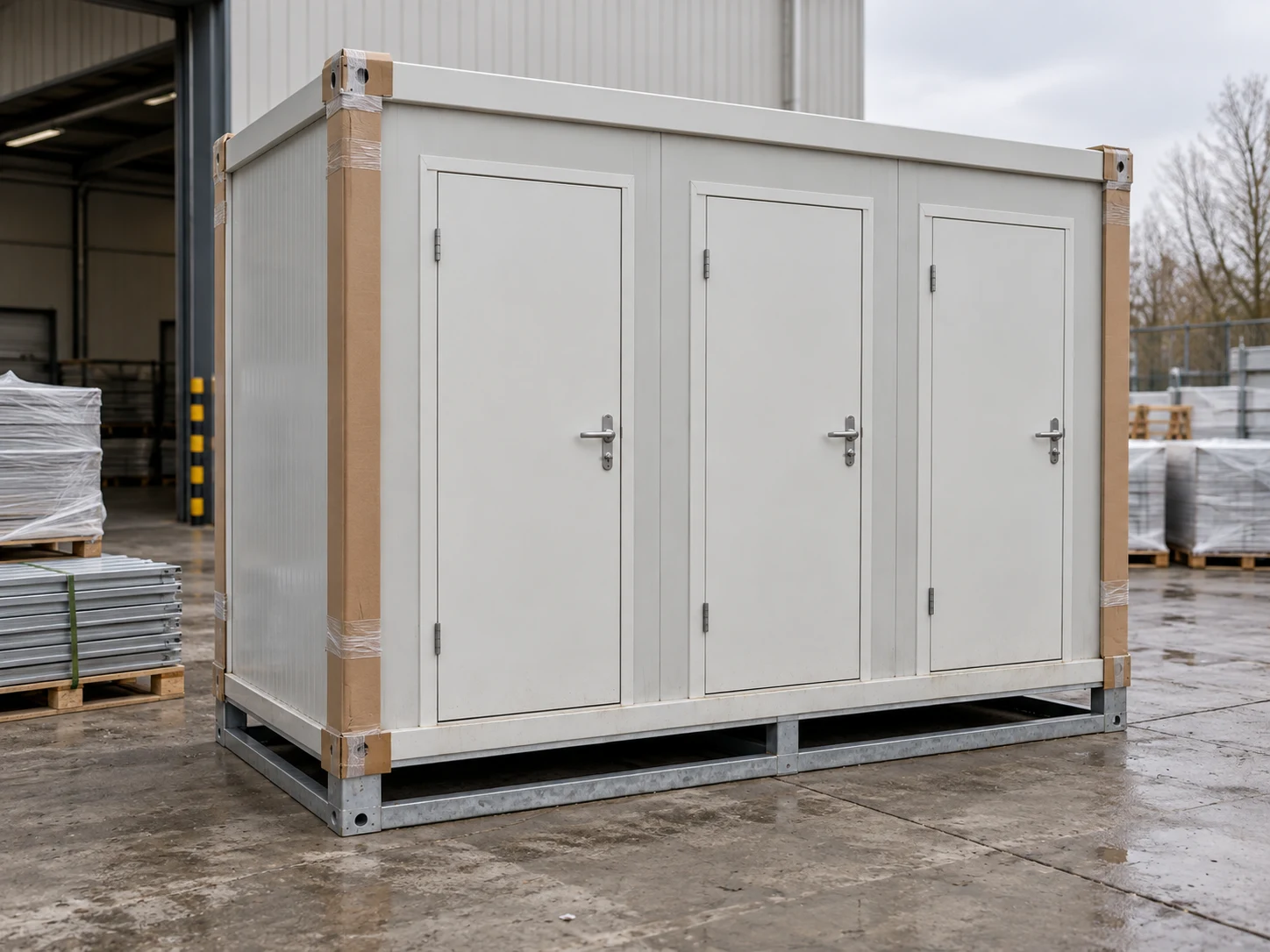 Illustrative shower module with protective packing before dispatch