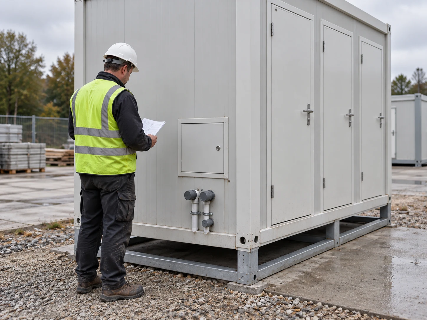 Illustrative technician reviewing shower module service connections