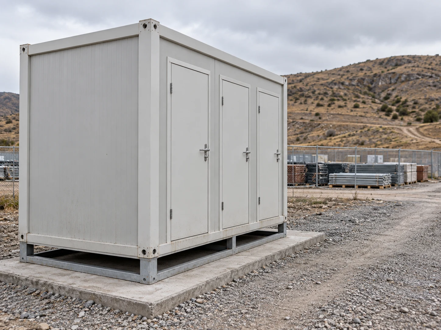 Illustrative portable shower block at a temporary works site