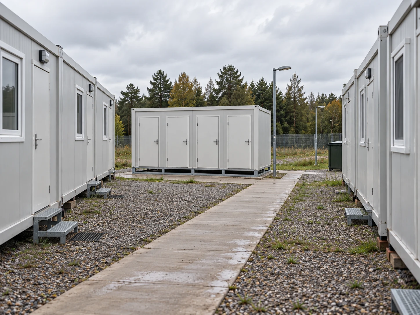 Illustrative shower block beside workforce accommodation and a walkway