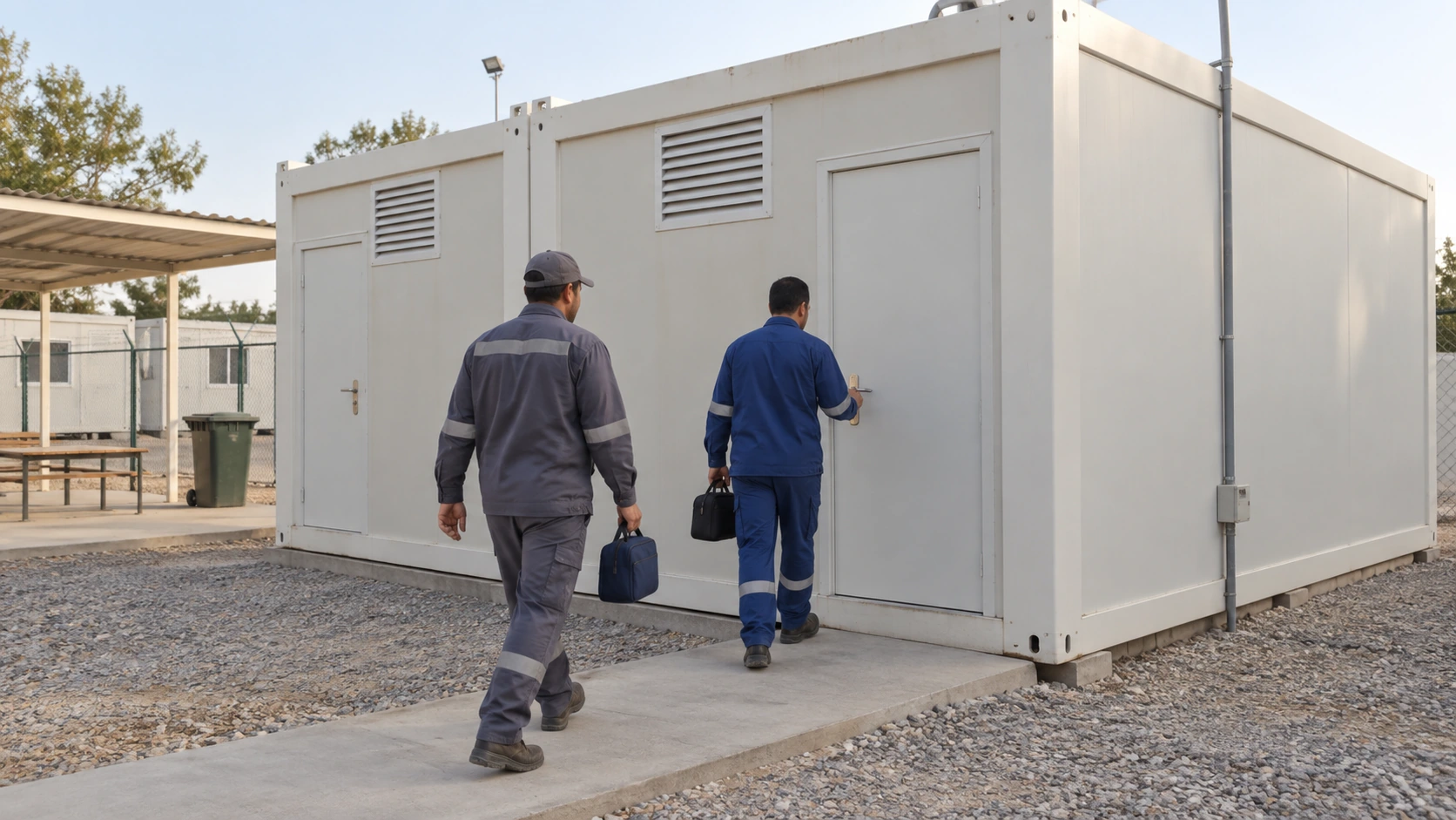 Concept of two clothed workers arriving at a modular shower facility by a clear walking route