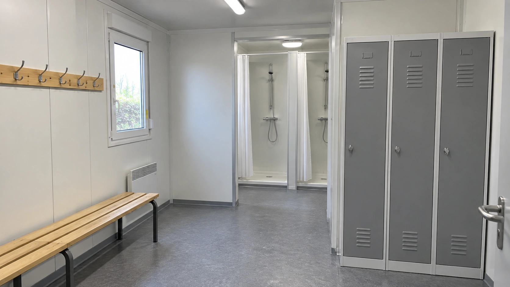 Concept of a dry changing area with basic lockers and a bench inside a modular facility