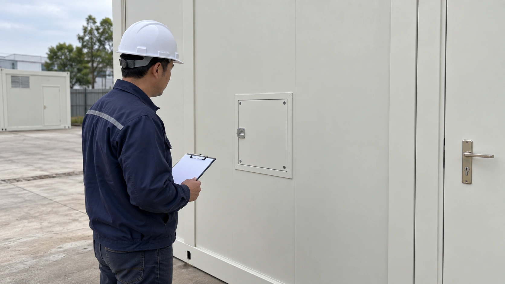 Concept of a technician reviewing a closed service panel beside a shower block