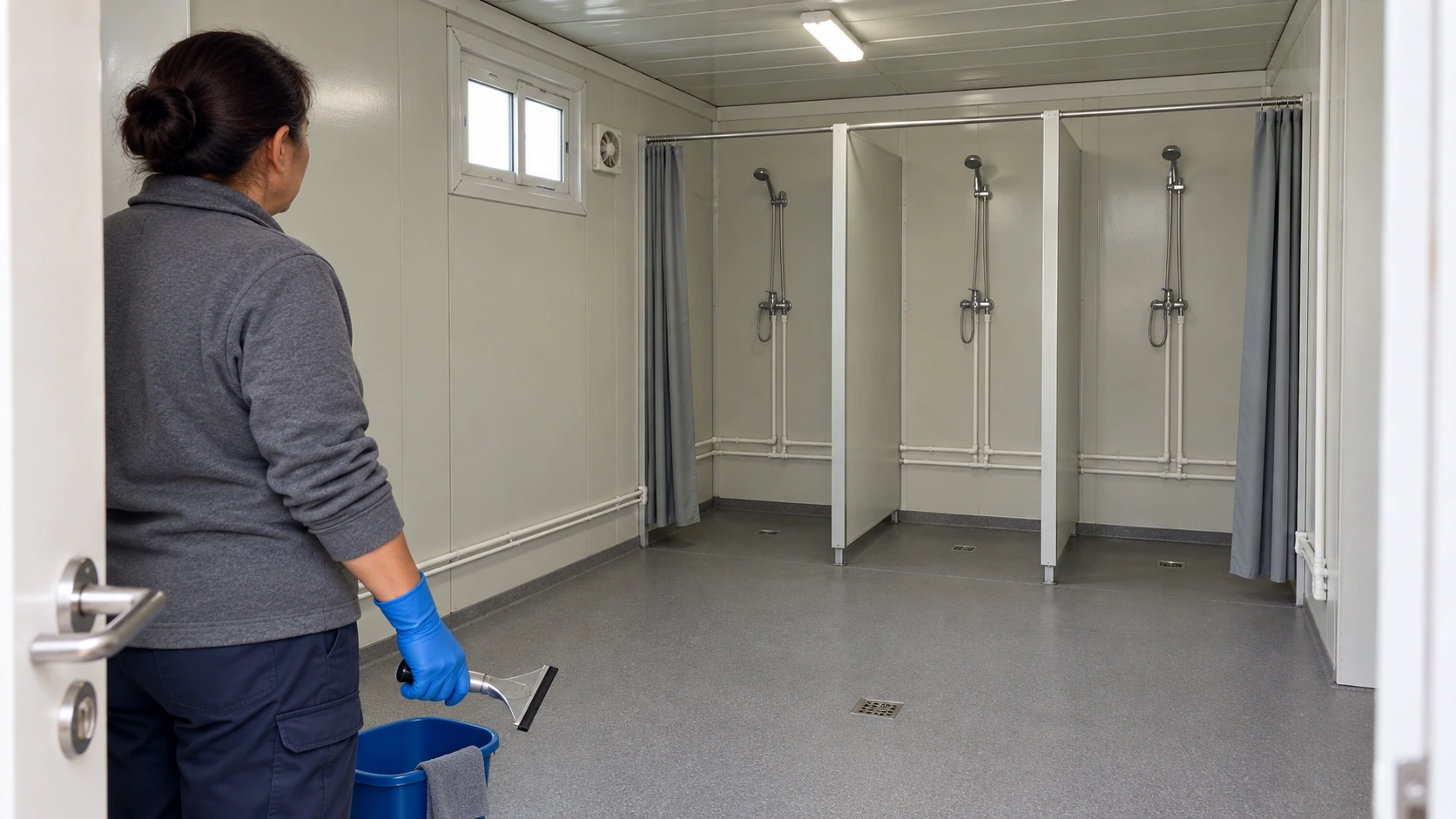 Concept of a fully clothed attendant checking an empty modular shower area with cleaning tools stored beside them