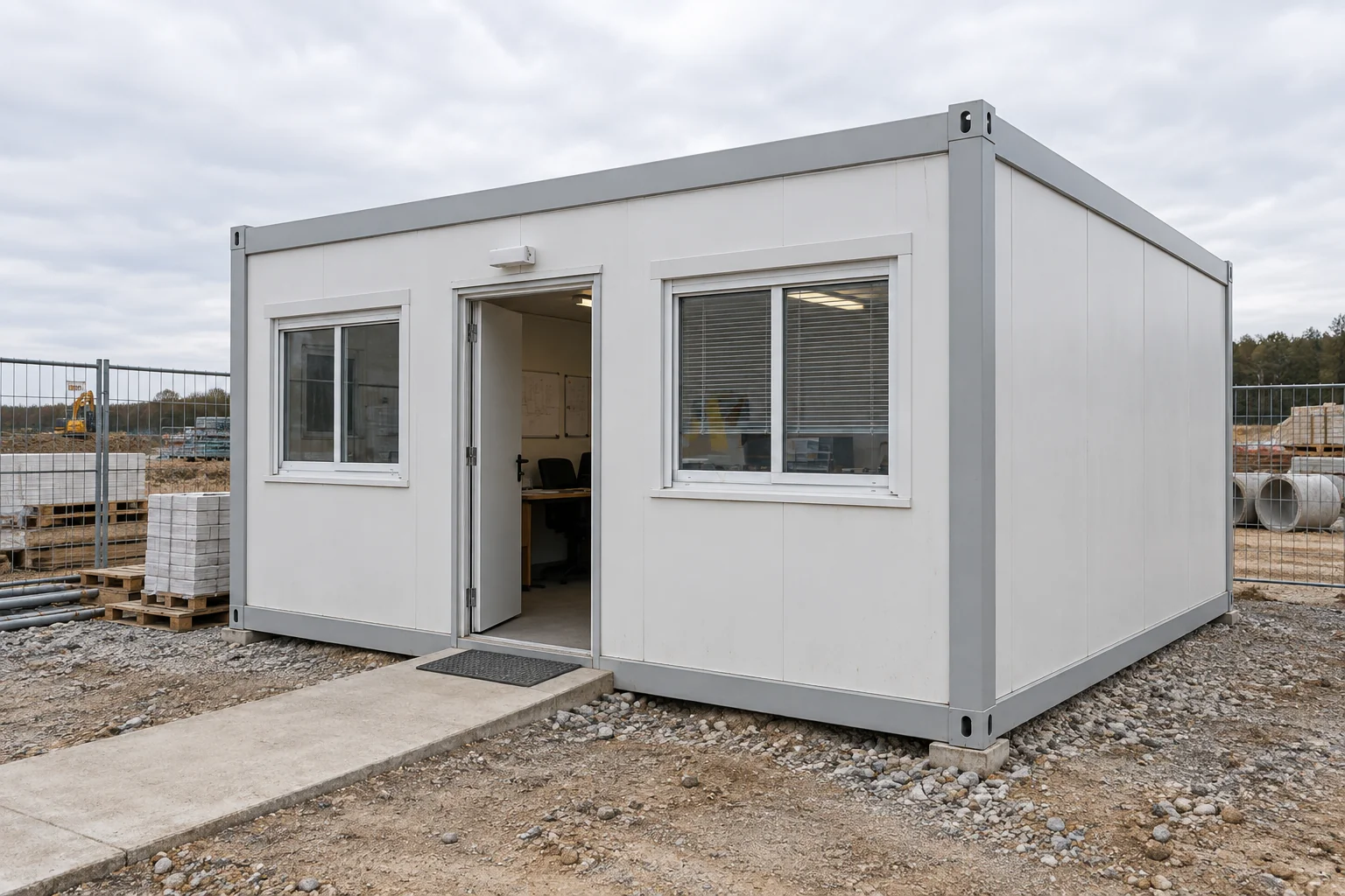 Compact modular site office with a defined entrance and windows