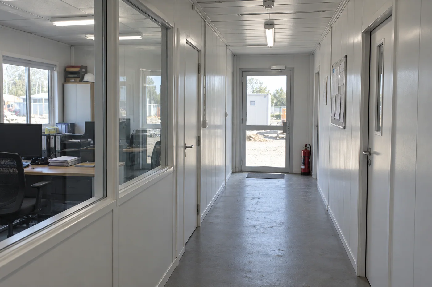 Internal circulation connecting work rooms in a modular site office