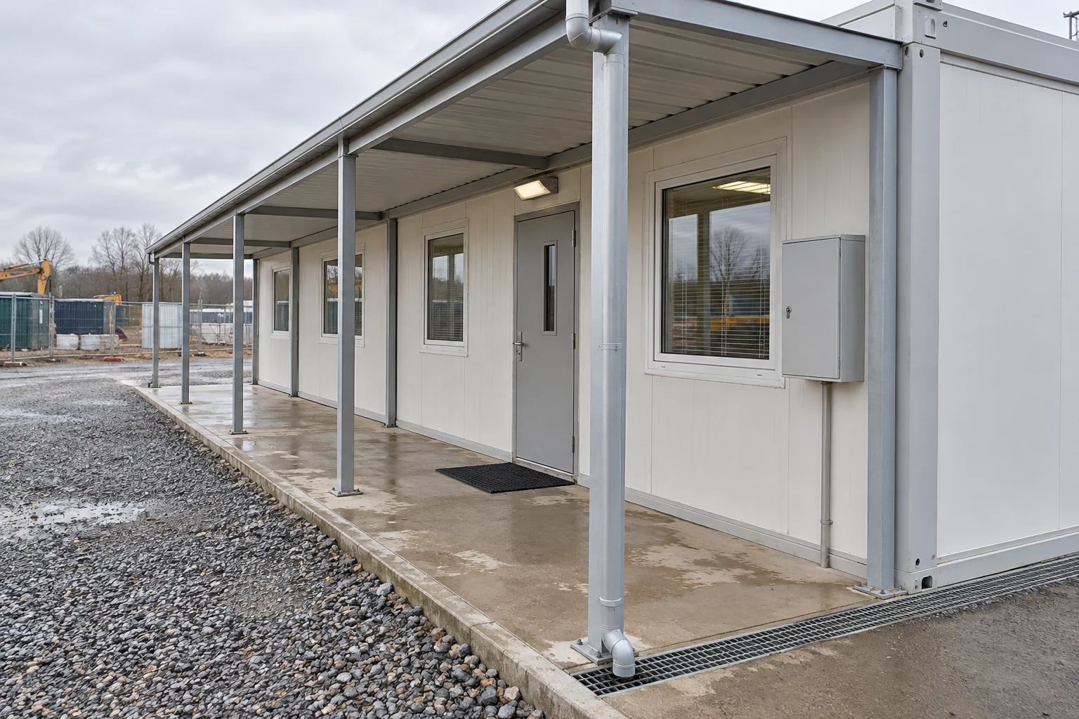 Covered site office entrance and walkway with drainage and utility enclosure
