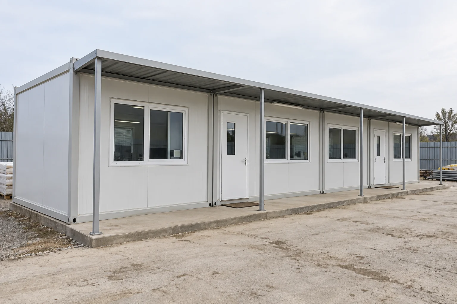 Connected single-storey site offices with a covered approach