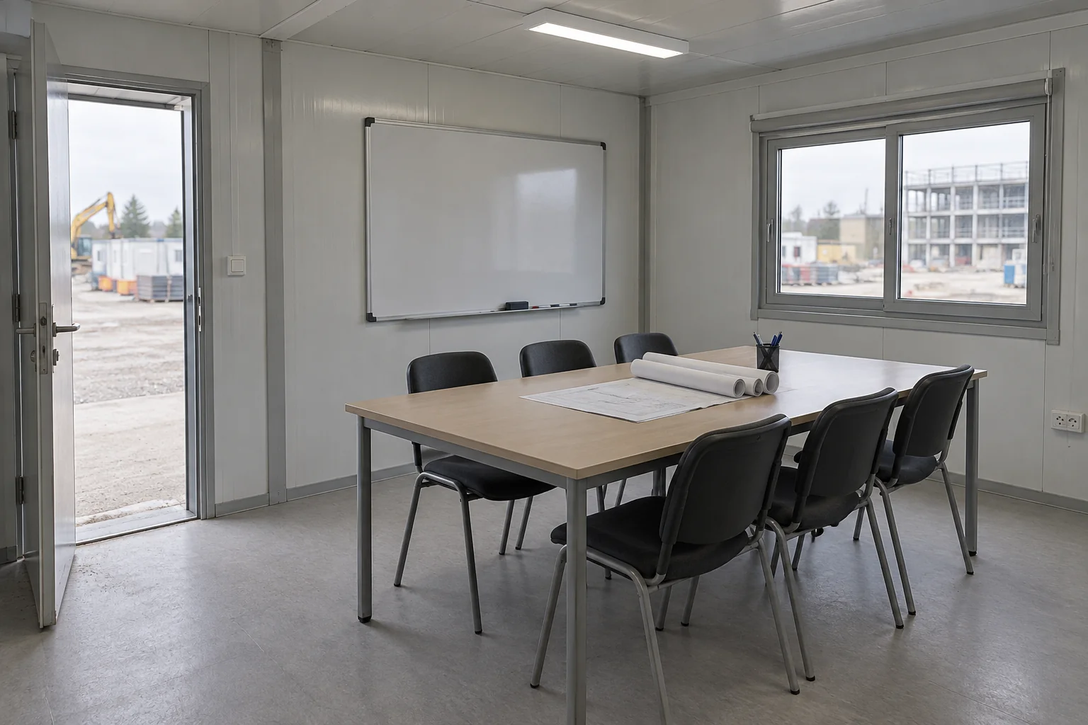 Site office meeting room with a table, chairs and drawing review space