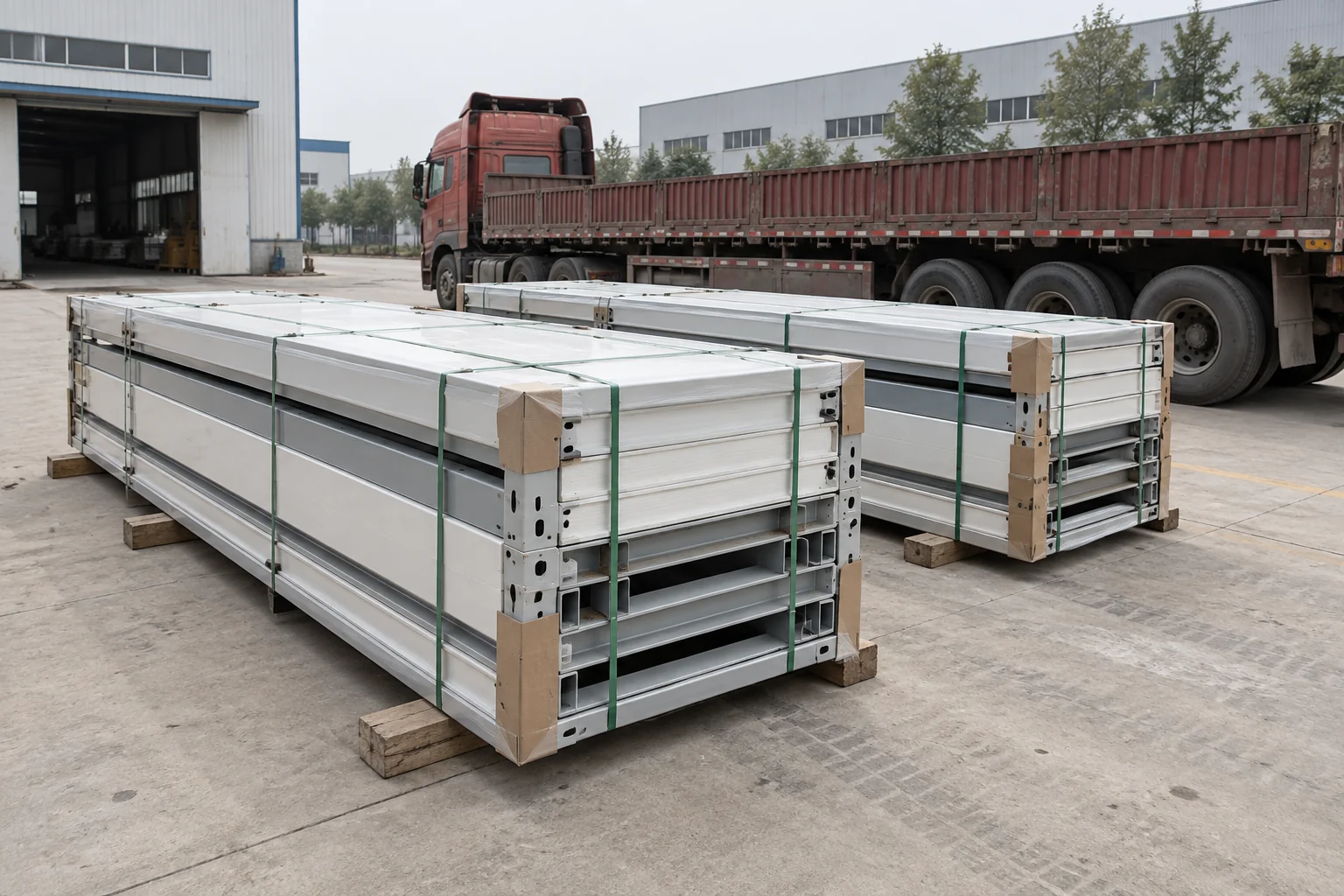 Protected modular building component packs staged beside a delivery trailer