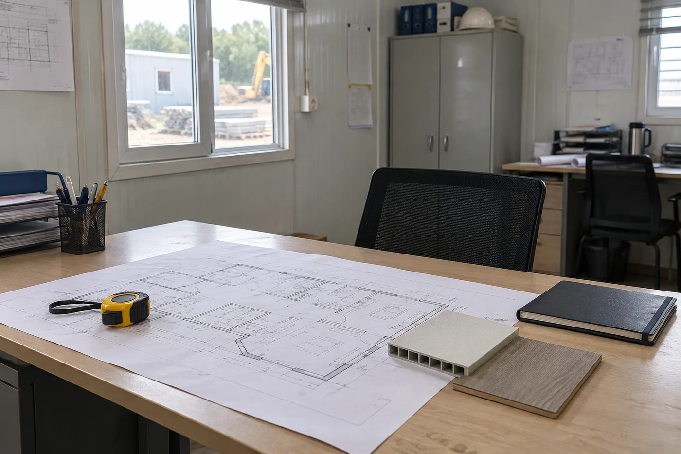 Room layout drawing and material samples prepared for a site office quotation