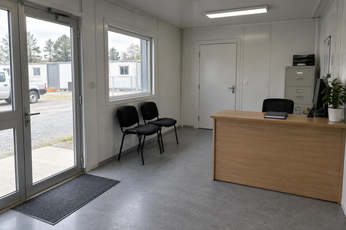 Modular site office reception with a visitor desk and controlled inner doorway
