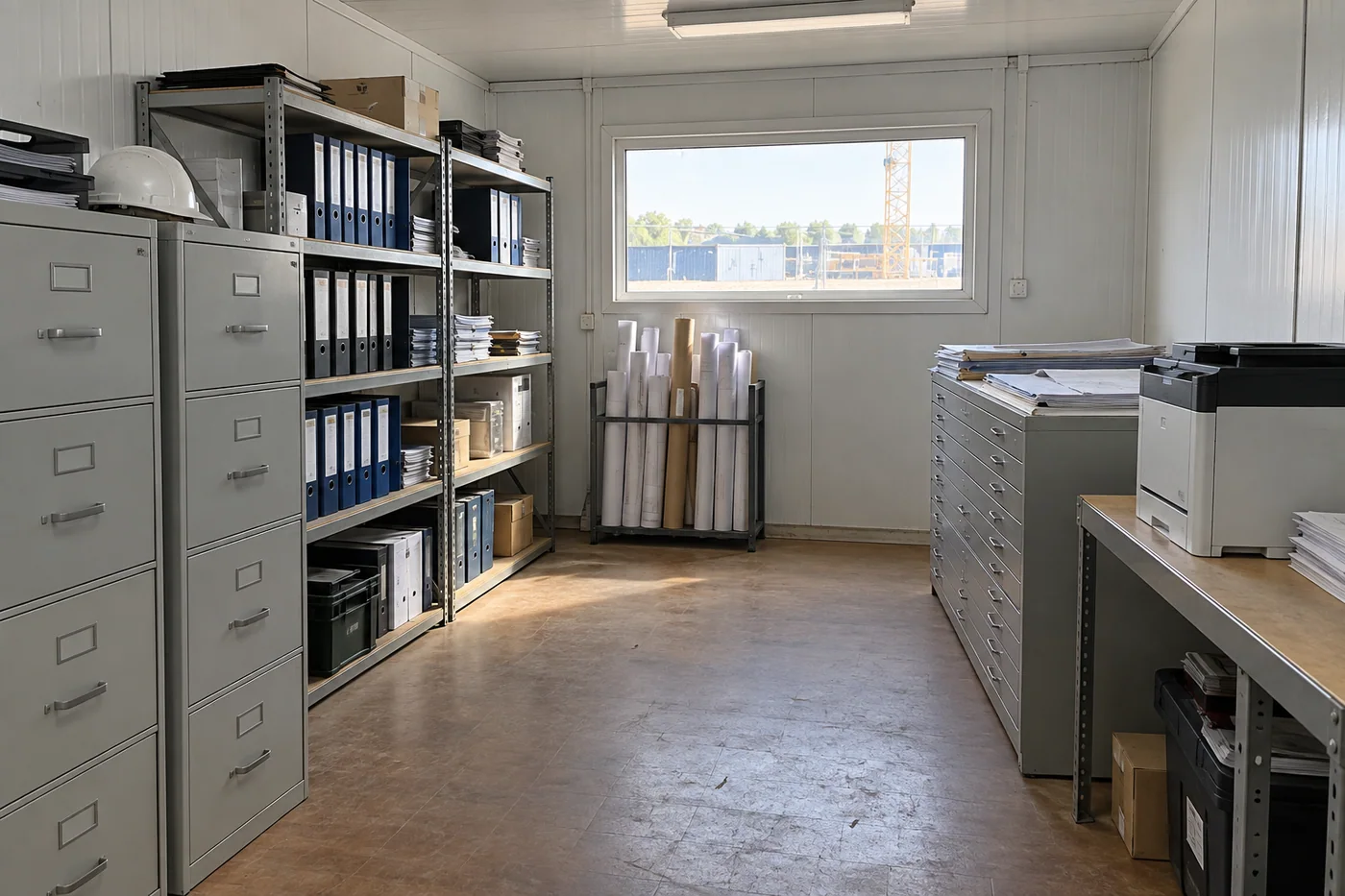 Document shelves, plan drawers and office equipment storage in a modular room