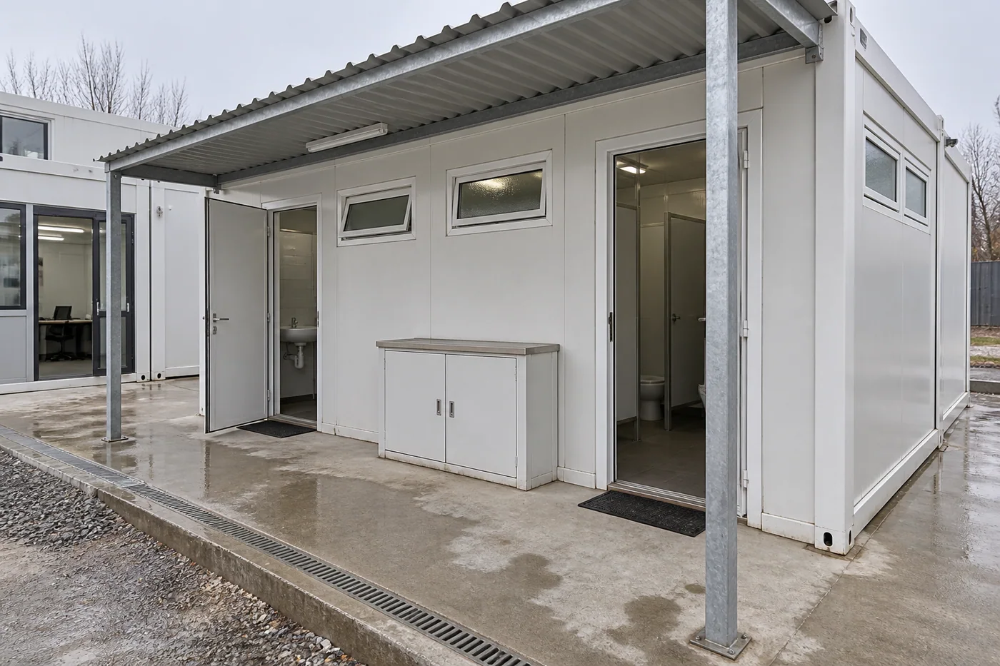 Separate access to shared washroom and break facilities beside a site office