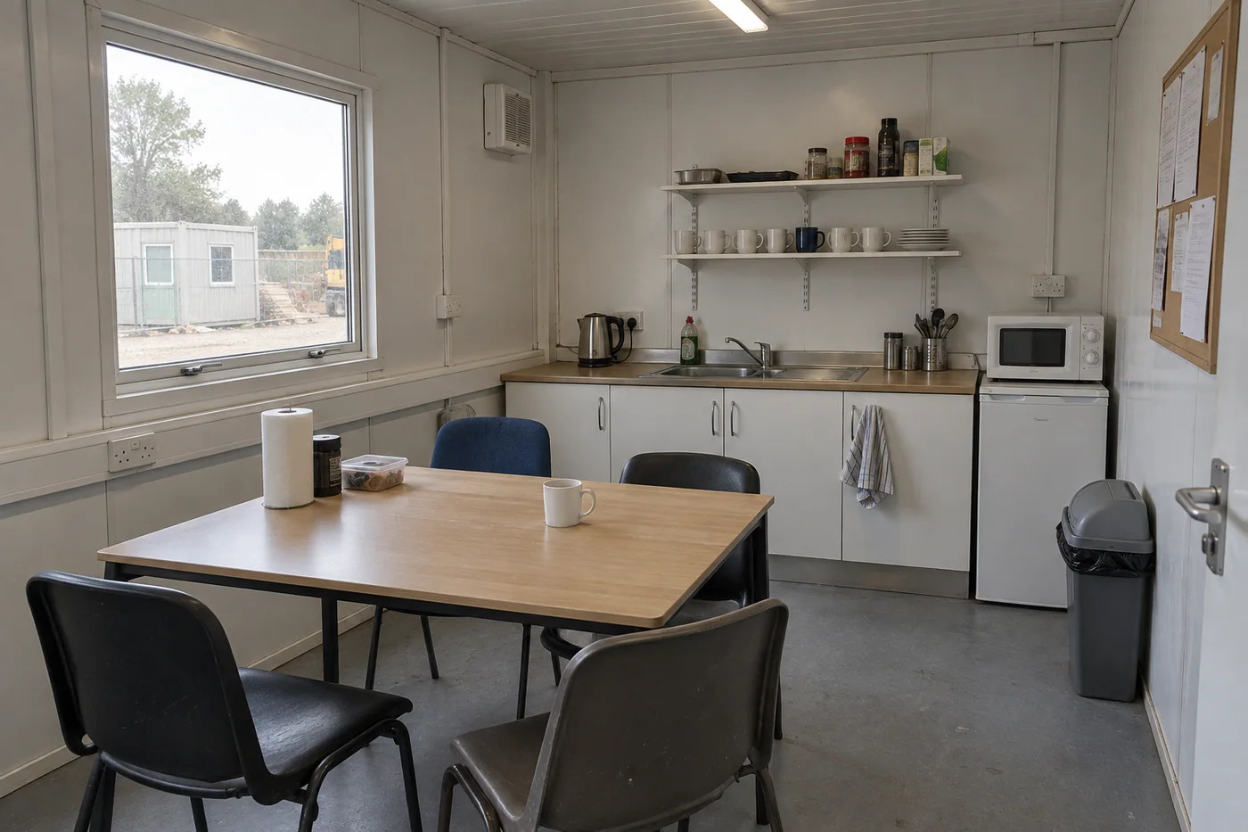 Small site office tea point with a sink, kettle and staff break table