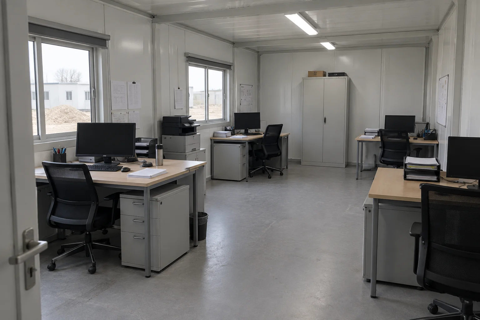 Team workspace with desks and storage inside a modular site office