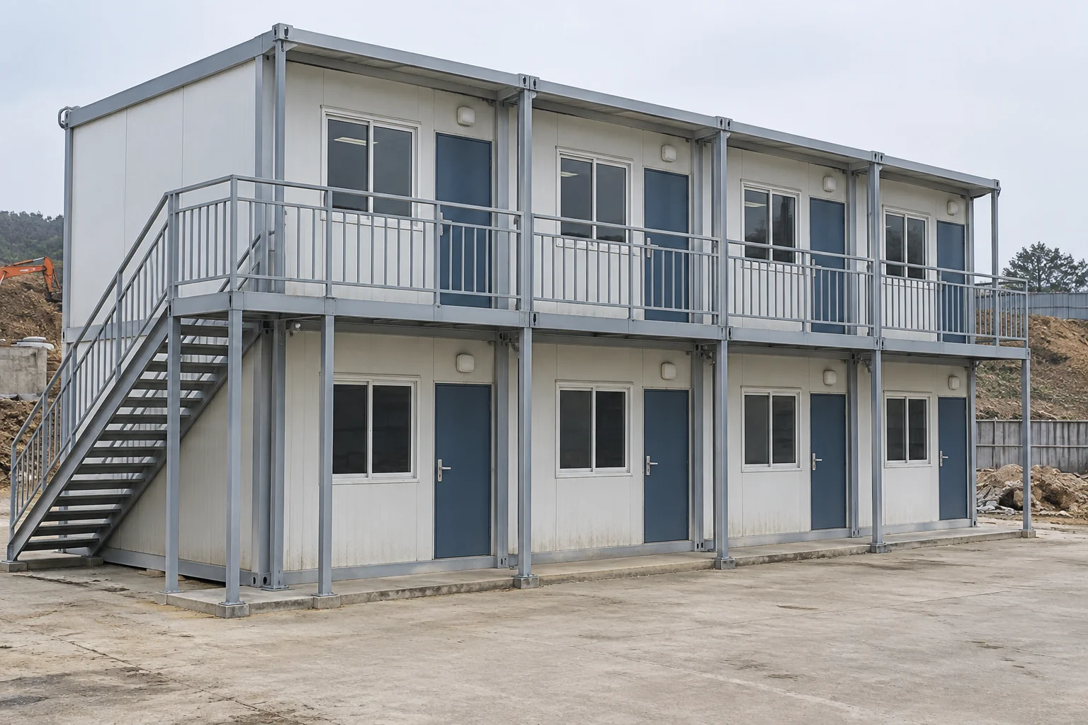 Two-storey modular project office with an external stair and access balcony