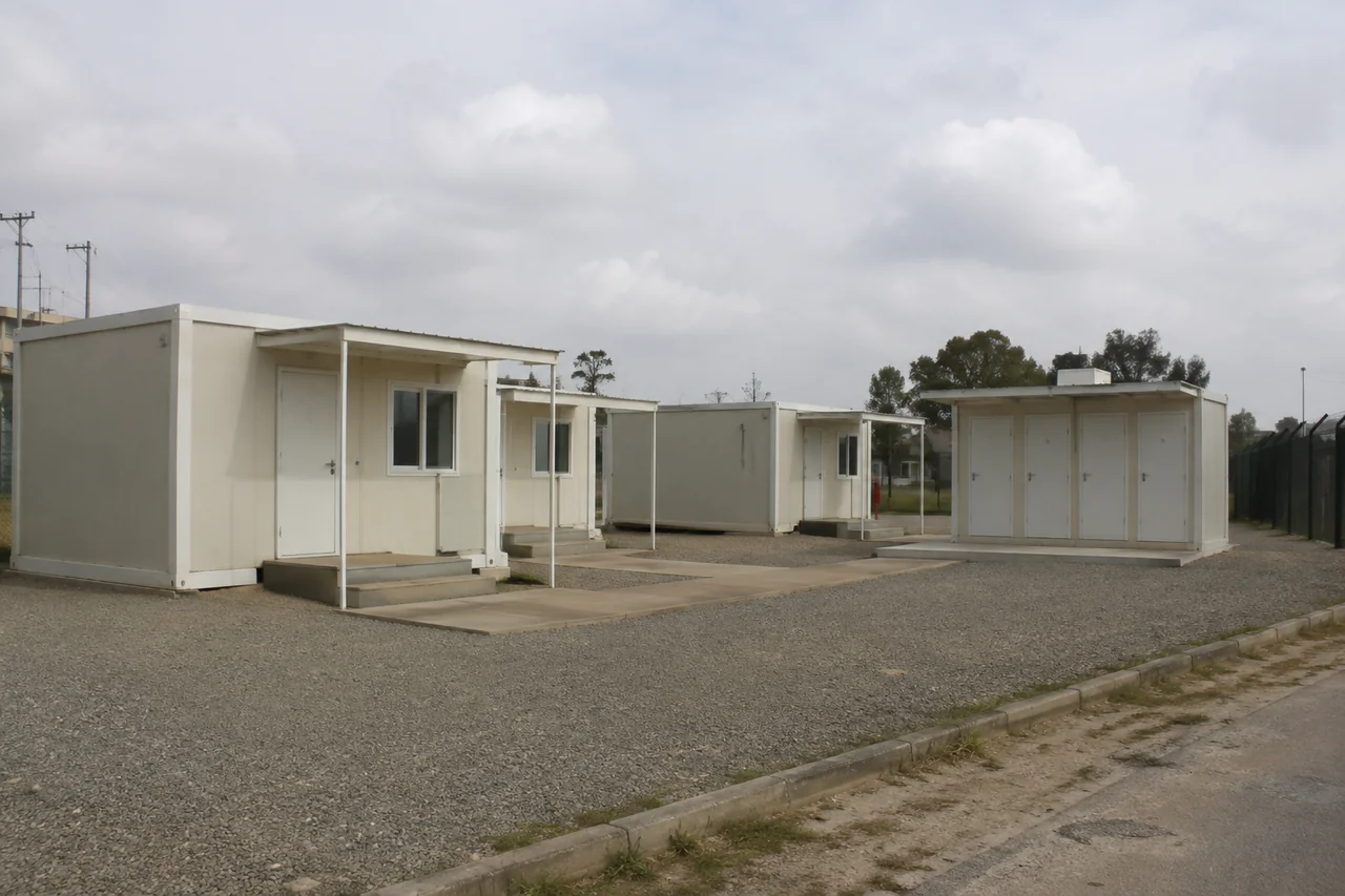Illustrative temporary housing units with separate entrances and shared walkways