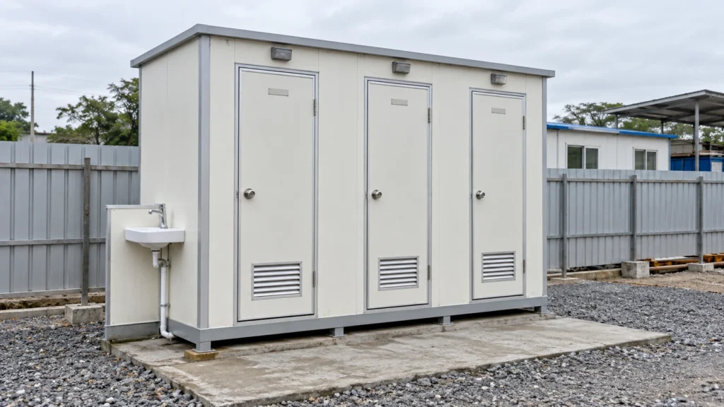 Illustration of a three-door portable toilet block with an outdoor handwashing sink.