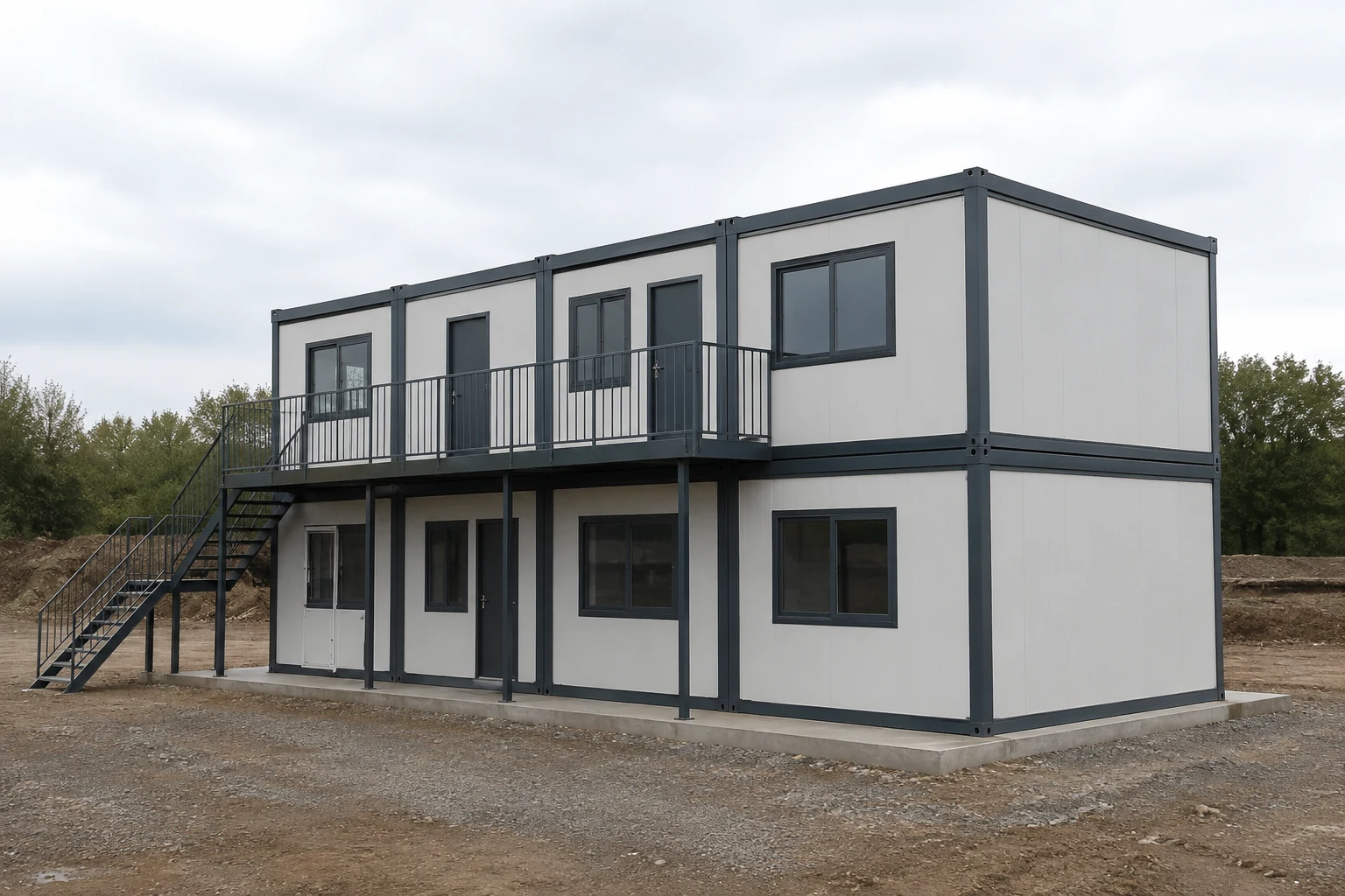 Illustrative two-storey container office configuration with external stairs
