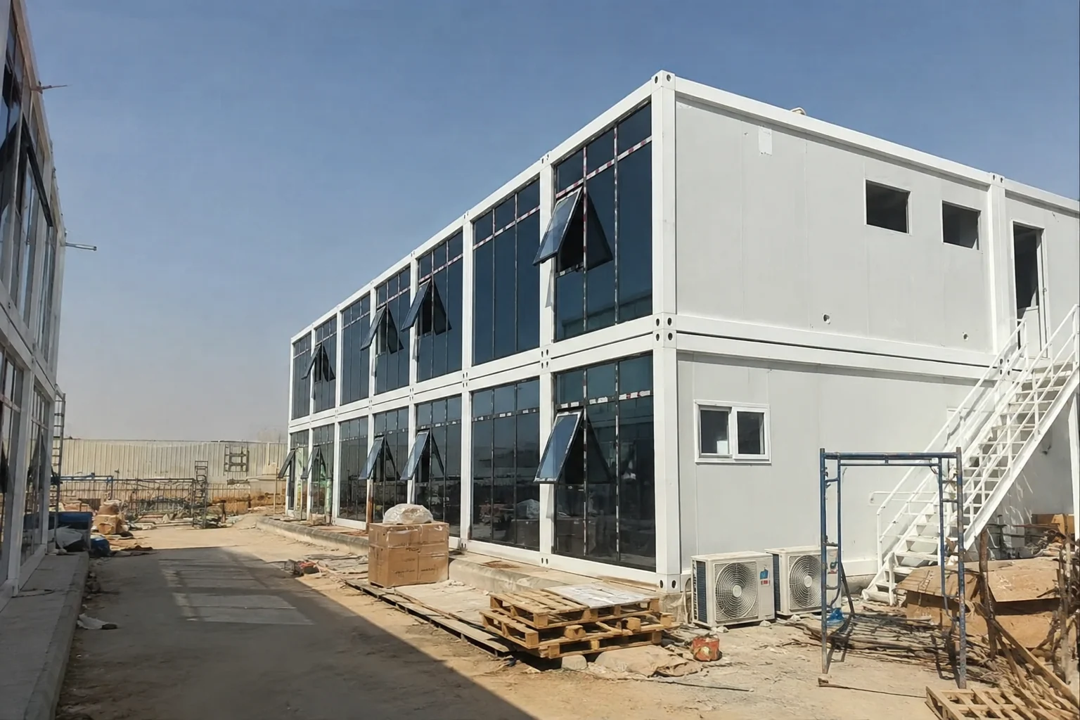Two-storey container office building with exterior stairs and wall-mounted air conditioners