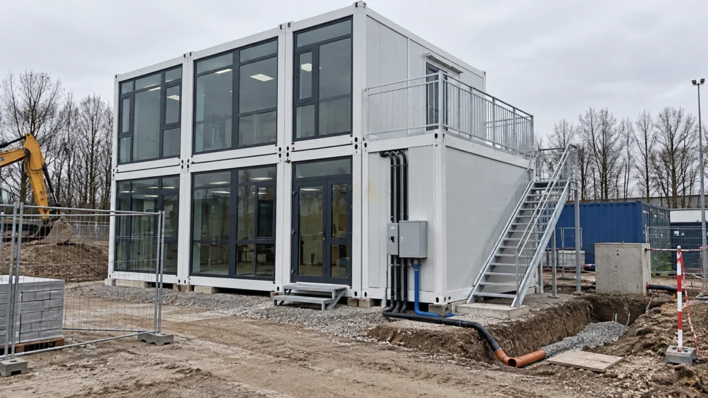 Illustration of a two-storey modular site office with electrical and drainage service connections.