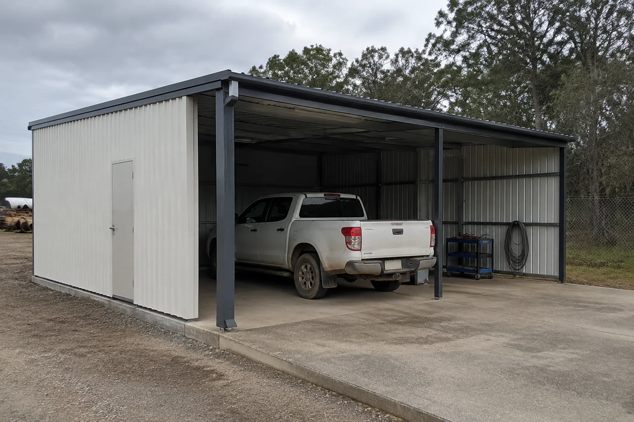Illustrative vehicle shelter with a pickup and adjacent tool storage