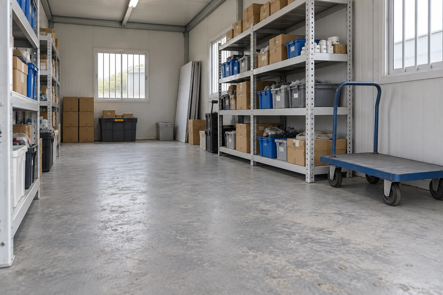 Shelving, a platform trolley and clear floor space in a modular storeroom