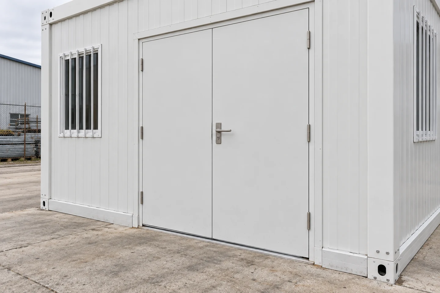 Closed double goods doors and practical locking hardware on a modular store